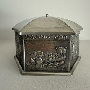 Children's Silver-Tone Bear Savings Bank Box